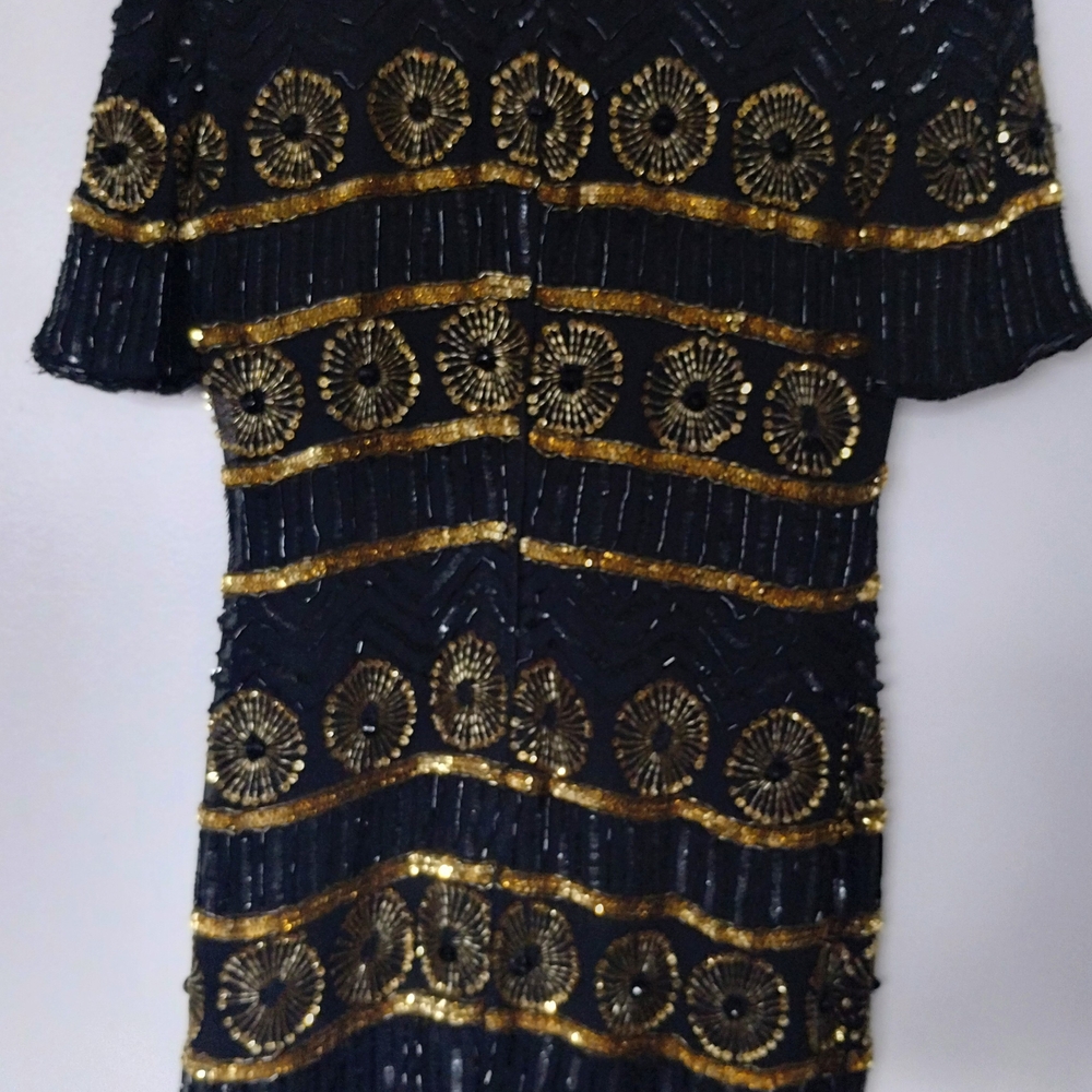 Silk Hand Beaded Elegant Black and Gold Sequin Dress